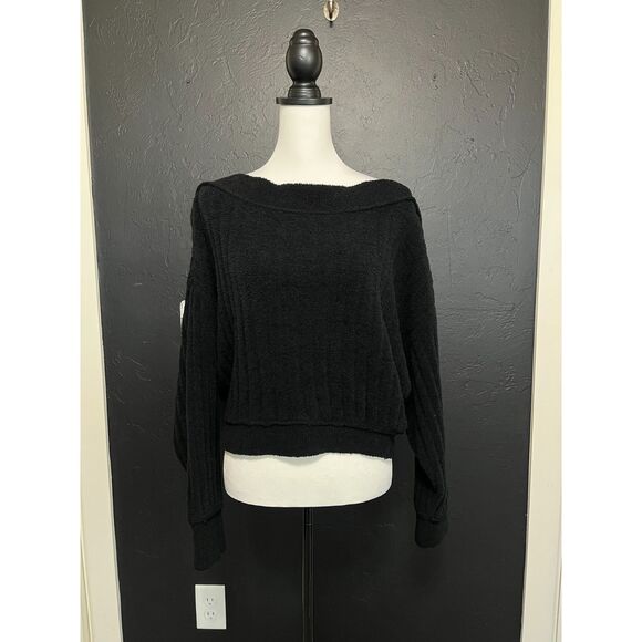 Free People Cabin Fever Sweater S | Black Off-Shoulder Cozy Knit - Picture 4 of 12